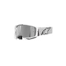 Explore the Vision 8 Corp Goggle by Crown Kiwi Enterprises Limited, featuring a sleek white frame, reflective anti-fog lens with UVA protection, and an adjustable strap boasting a geometric pattern and logo. Made from durable Polyflex urethane for maximum comfort and performance.