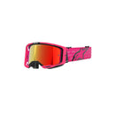 The Vision 8 Corp Goggle by Crown Kiwi Enterprises Limited features a bright pink frame with durable, ultra-wide view design. It has a reflective orange polycarbonate lens, black strap with geometric design, and anti-fog technology for optimal motocross performance.