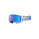 Vision 8 Corp Goggles by Crown Kiwi Enterprises Limited feature blue and white sports goggles with reflective polycarbonate lenses for durability and clarity, an adjustable logo strap for a secure fit, and a design enhancing peripheral vision for superior performance.