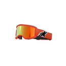 The Vision 5 Corp Goggle by Crown Kiwi Enterprises Limited are orange and black athletic goggles with mirrored lenses, a white logo on the adjustable strap, and a durable Polyflex urethane frame.