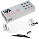 The 100% Speedlab Roll-Off System Junior by Crown Kiwi Enterprises Limited is displayed with a goggle lens featuring an integrated roll-off system and canisters, a sleek black visor strip, and a cylindrical container on a pristine white background.