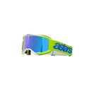 The Vision 5 Blaze Goggles by Crown Kiwi Enterprises Limited boast a neon green urethane frame with vibrant blue reflective anti-fog lenses. They feature a white nose guard, ventilation at the top, and an adjustable lime green strap with "asars" printed in bold blue.