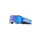The Vision 5 Blaze Goggle by Crown Kiwi Enterprises Limited features a white frame and reflective polycarbonate lens. Enhanced with RAM-AIR ventilation for airflow, an ultra-wide field of view, and a blue strap with "asars" printed in white.