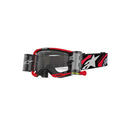 The Vision 8 Luar Goggle by ALPINESTARS combines red and black colors with a polycarbonate anti-fog tinted lens. It features a roll-off system for tear-off film, enhancing visibility. The ultra-wide view design and graphic strap include branding on both the strap and frame.