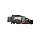 The Vision 5 Corp Goggle by ALPINESTARS features a polyflex urethane frame, RAM-AIR ventilation, black and gray design with a transparent anti-fog lens, tear-off system, and wide adjustable strap with white star logo.
