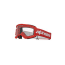 The Vision 3 Wordmark Goggles by Crown Kiwi Enterprises Limited are red and white with a clear polycarbonate lens, adjustable strap, and RAM-AIR ventilation system, displayed from a side angle against a white background.