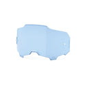 The Armega/ARmatic Goggle Lens by Crown Kiwi Enterprises Limited is a blue-tinted, shatterproof polycarbonate lens. It features an angular design with ventilation notches at the bottom for enhanced clarity and durability.