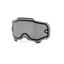 The Armega/ARmatic Goggle Lens by Crown Kiwi Enterprises Limited is a single gray dual pane lens with a geometric shape. It features a black border, mounting clips, and offers light transmission properties with slight reflectiveness against a plain white background.