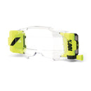 Clear protective goggles with bright yellow and black straps, featuring "100%" branding. The Armega/ARmatic Film System by Crown Kiwi Enterprises Limited offers rapid lens changing and wrap-around transparent lenses for full eye coverage—perfect for mud system challenges.