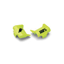 Two neon yellow Armega/ARmatic Canister Lids by Crown Kiwi Enterprises Limited feature black lettering on a white background: one with "100%" printed, the other with a black triangle—sleek, angular pieces ready for assembly.