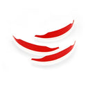 Three Armega/ARmatic Mud Flaps from Crown Kiwi Enterprises Limited are arranged on a plain white background. These red and white plastic objects have smooth surfaces and streamlined, tech-inspired designs reminiscent of futuristic sculptures.