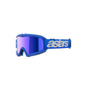 The Vision Youth Blaze Goggle by ALPINESTARS features blue motocross goggles with reflective purple polycarbonate lenses, offering enhanced ventilation for comfort. The elastic strap proudly displays the white "astars" logo.