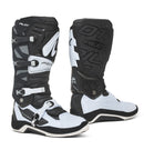 A pair of Forma Pilot - MX motocross boots in black and white, featuring multiple buckles and protective padding. These boots, crafted with a synthetic material upper, showcase the "FORMA" brand prominently on the shin guards and side areas. They boast a sturdy, reinforced design with textured soles for enhanced grip and durability.