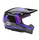 The Bell MOTO-10 SPHERICAL Flare Gloss Purple is a sleek, full-face motocross helmet with a dynamic design in shades of purple and black. It is enhanced by MIPS Spherical Technology for superior safety, features a visor, and proudly displays the "Bell" brand logo on the side. Carbon fiber detailing adds the finishing touch to its style.