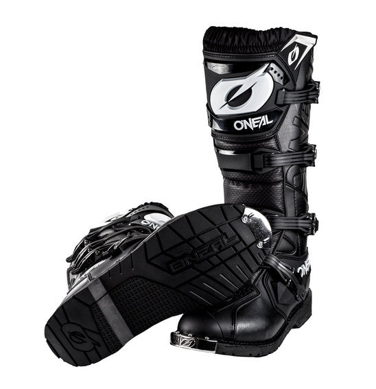 A pair of O'Neal RIDER PRO Boots in black, featuring multiple buckles and protective padding. These rugged motocross boots prominently display the ONEAL branding on the front and sides, making them perfect for tackling any Enduro Trail.