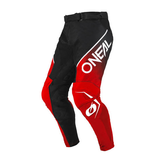 O'Neal 2025 HARDWEAR AIR Slam Pants in Black and Red by ONEAL feature bold white logo branding on the thigh and shin areas. Crafted from breathable materials, these pants have a sleek, modern design with reinforced knee areas, making them perfect for off-road racing and hot summer rides.