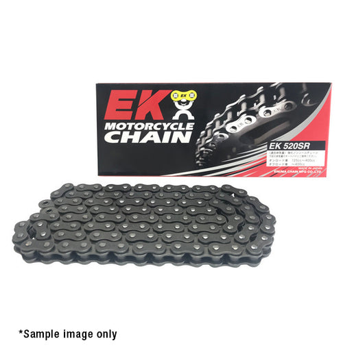 An EK Chains - 520 Pitch motorcycle chain is prominently displayed in front of its packaging, highlighting the EK logo and product details. This non-sealed chain sample image is provided by Enuma Chain Mfg Co., Ltd, a company renowned for manufacturing high-quality motorcycle chains specifically designed for drag racing enthusiasts.