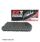 An EK Chains - 520 Pitch motorcycle chain is prominently displayed in front of its packaging, highlighting the EK logo and product details. This non-sealed chain sample image is provided by Enuma Chain Mfg Co., Ltd, a company renowned for manufacturing high-quality motorcycle chains specifically designed for drag racing enthusiasts.