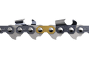 Close-up view of a chain from a chainsaw, showing metal links and sharp teeth designed for cutting wood. One link is highlighted in gold, set apart from the rest of the silver-colored links. The Husqvarna Saw Chain Loop 3/8" 1.5mm Semi Chisel - X-CUT S85 56DL / 15", used in professional forestry saws by Husqvarna, stands out against a solid black background.
