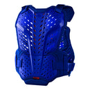 The Troy Lee Designs ROCKFIGHT CHEST PROTECTOR BLUE features adjustable straps, ventilated perforated panels for breathability, and CE EN14021 Stone Shield protection—ideal for sports or motocross.