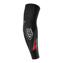 The Troy Lee Designs SPEED ELBOW SLEEVE BLACK | YOUTH features a black and red design with logo, D3O elbow pad for trail protection, ergonomic fit, and extra padding over the elbow.