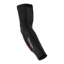 The Troy Lee Designs SPEED ELBOW SLEEVE BLACK | YOUTH features a black and red design with logo, D3O elbow pad for trail protection, ergonomic fit, and extra padding over the elbow.