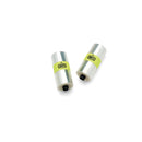 Two shiny cylindrical objects, similar to the Forecast 45mm Film Kit - 6Pk, display green and yellow labels with a black triangle and "100%," set against a white background. The bottoms are dark-colored.