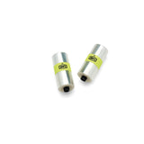 Two shiny cylindrical objects, similar to the Forecast 45mm Film Kit - 6Pk, display green and yellow labels with a black triangle and "100%," set against a white background. The bottoms are dark-colored.