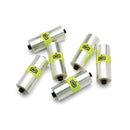 Six Forecast 50mm Film Kits from 100%, featuring silver rolls with black ends and wrapped in yellow labels, are scattered on a white background. These ultra-wide film kits provide versatility for photographers aiming to capture expansive scenes with remarkable detail.