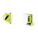 The RC2/AC2/ST2 Forecast Film Sys. sports goggles by Crown Kiwi Enterprises Limited feature a clear lens, lime green and black design, a sturdy "100%" logo strap, and vents on top and bottom for optimal airflow during intense races.