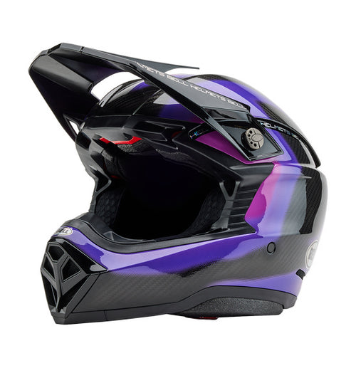 The Bell MOTO-10 SPHERICAL Flare Gloss Purple is a sleek, full-face motocross helmet with a dynamic design in shades of purple and black. It is enhanced by MIPS Spherical Technology for superior safety, features a visor, and proudly displays the "Bell" brand logo on the side. Carbon fiber detailing adds the finishing touch to its style.