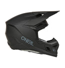 The O'Neal 2025 Youth 3SRS SOLID Helmet in black features a stylish design with silver accents, a large adjustable visor, and robust Polycarbonate/ABS shell. This ONEAL helmet includes a ventilation system for comfort and displays the brand logo on the side, offering both safety and style for off-road biking.