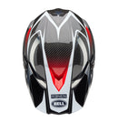 Introducing the Bell MOTO-10 SPHERICAL Renen Raycon Matte/Gloss Black/White Ltd Ed by BELL: a sleek, modern motocross helmet with a carbon fiber aesthetic and aerodynamic design. It features Spherical Technology for enhanced safety and is embellished with a visor, bold red and blue accents, and "RENEN" branding on the side.