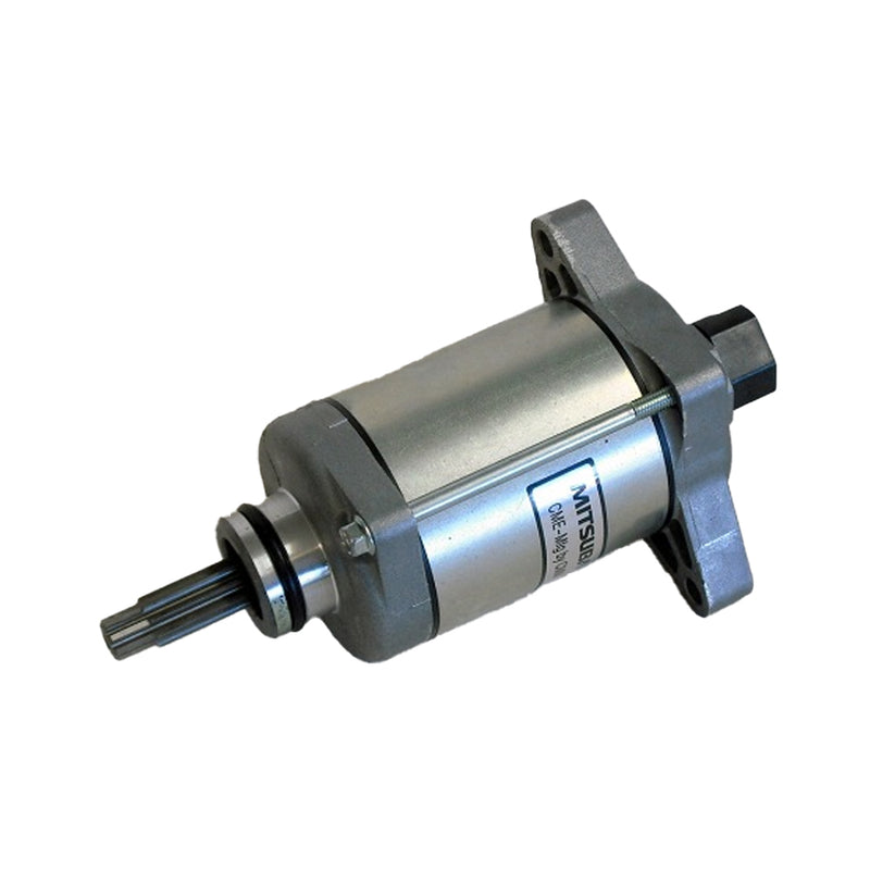 The RICK'S STARTER MOTOR RICKS MOTORSPORT HONDA is a sleek, industrial cylindrical metal starter motor featuring a silver body with dark ends. It includes an output shaft on the right side, connection terminals on the top left, and mounting points at the base. For your peace of mind, this starter motor comes with a one-year product warranty.