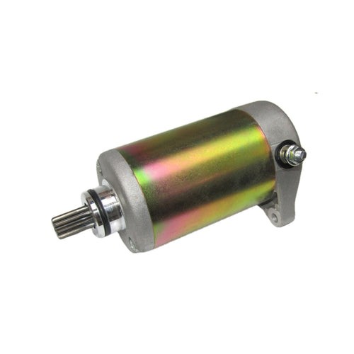 The STARTER MOTOR RICKS MOTORSPORT SUZUKI by RICK'S is a cylindrical electric device with a metallic finish, featuring mounting brackets on both ends and a protruding black shaft. The motor is primarily silver with some weathered or polished texture, and there is a brass screw visible near the center. It comes with a one-year product warranty.