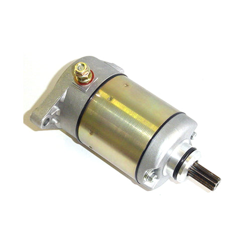 The STARTER MOTOR RICKS MOTORSPORT SUZUKI by RICK'S is a cylindrical electric device with a metallic finish, featuring mounting brackets on both ends and a protruding black shaft. The motor is primarily silver with some weathered or polished texture, and there is a brass screw visible near the center. It comes with a one-year product warranty.
