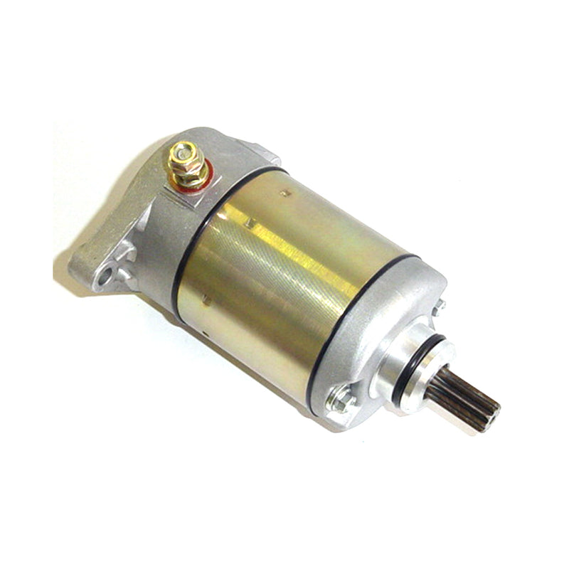 The STARTER MOTOR RICKS MOTORSPORT SUZUKI by RICK'S is a cylindrical electric device with a metallic finish, featuring mounting brackets on both ends and a protruding black shaft. The motor is primarily silver with some weathered or polished texture, and there is a brass screw visible near the center. It comes with a one-year product warranty.