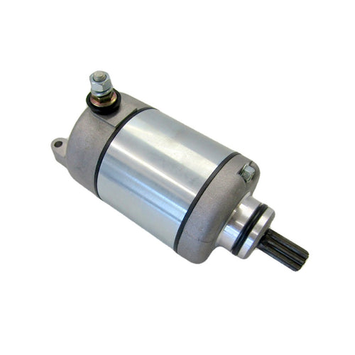 The STARTER MOTOR RICKS MOTORSPORT SUZUKI by RICK'S is a cylindrical electric device with a metallic finish, featuring mounting brackets on both ends and a protruding black shaft. The motor is primarily silver with some weathered or polished texture, and there is a brass screw visible near the center. It comes with a one-year product warranty.