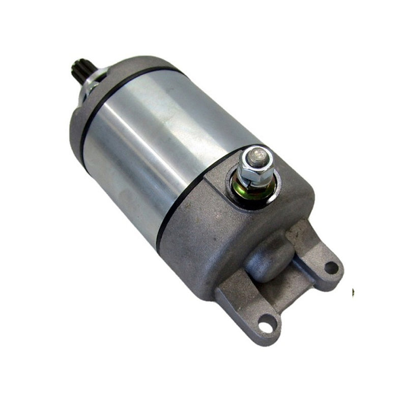 The STARTER MOTOR RICKS MOTORSPORT SUZUKI by RICK'S is a cylindrical electric device with a metallic finish, featuring mounting brackets on both ends and a protruding black shaft. The motor is primarily silver with some weathered or polished texture, and there is a brass screw visible near the center. It comes with a one-year product warranty.