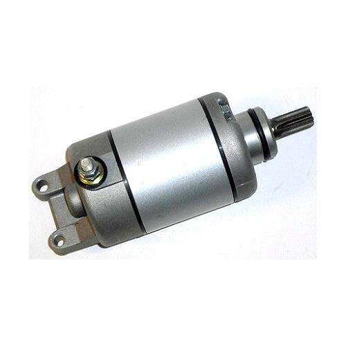 The STARTER MOTOR RICKS MOTORSPORT SUZUKI by RICK'S is a cylindrical electric device with a metallic finish, featuring mounting brackets on both ends and a protruding black shaft. The motor is primarily silver with some weathered or polished texture, and there is a brass screw visible near the center. It comes with a one-year product warranty.
