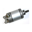 The STARTER MOTOR RICKS MOTORSPORT SUZUKI by RICK'S is a cylindrical electric device with a metallic finish, featuring mounting brackets on both ends and a protruding black shaft. The motor is primarily silver with some weathered or polished texture, and there is a brass screw visible near the center. It comes with a one-year product warranty.