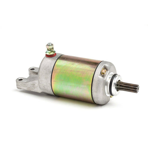The STARTER MOTOR RICKS MOTORSPORT SUZUKI by RICK'S is a cylindrical electric device with a metallic finish, featuring mounting brackets on both ends and a protruding black shaft. The motor is primarily silver with some weathered or polished texture, and there is a brass screw visible near the center. It comes with a one-year product warranty.