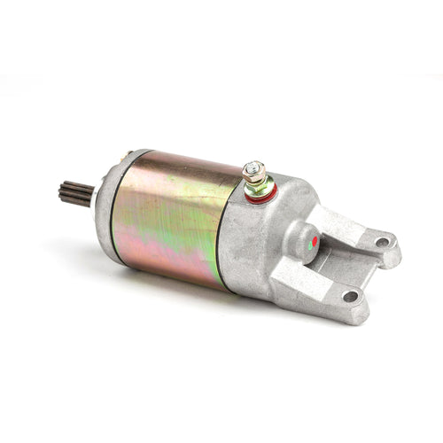 The STARTER MOTOR RICKS MOTORSPORT SUZUKI by RICK'S is a cylindrical electric device with a metallic finish, featuring mounting brackets on both ends and a protruding black shaft. The motor is primarily silver with some weathered or polished texture, and there is a brass screw visible near the center. It comes with a one-year product warranty.