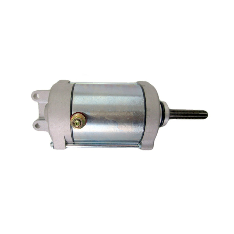 The STARTER MOTOR RICKS MOTORSPORT SUZUKI by RICK'S is a cylindrical electric device with a metallic finish, featuring mounting brackets on both ends and a protruding black shaft. The motor is primarily silver with some weathered or polished texture, and there is a brass screw visible near the center. It comes with a one-year product warranty.