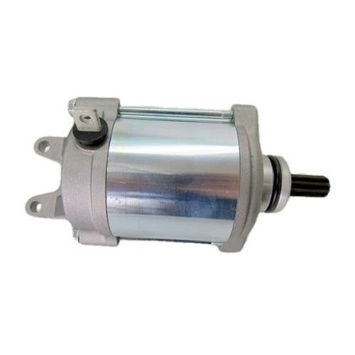 The STARTER MOTOR RICKS MOTORSPORT SUZUKI by RICK'S is a cylindrical electric device with a metallic finish, featuring mounting brackets on both ends and a protruding black shaft. The motor is primarily silver with some weathered or polished texture, and there is a brass screw visible near the center. It comes with a one-year product warranty.