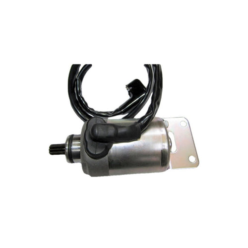 The STARTER MOTOR RICKS MOTORSPORT ARCTIC CAT 150 UTILITY 09-19 by RICK'S is a cylindrical metal motor featuring an attached black cable and a mounting bracket on the right side. The motor has a small shaft extending from the left with a capped cover, and the black cable is coiled with a connector at the end. This model comes protected against water damage and includes a one-year product warranty.