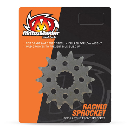The MOTO MASTER SPROCKET FRONT STEEL 13T for GAS GAS MC65 24-ON, HUSQVARNA TC65 24-ON, and KTM 65SX 24-ON showcases state-of-the-art technology with its approximate 13 evenly spaced teeth. This durable sprocket features numerous circular holes near the center and an internal spline mechanism, all highlighted against a plain white background.