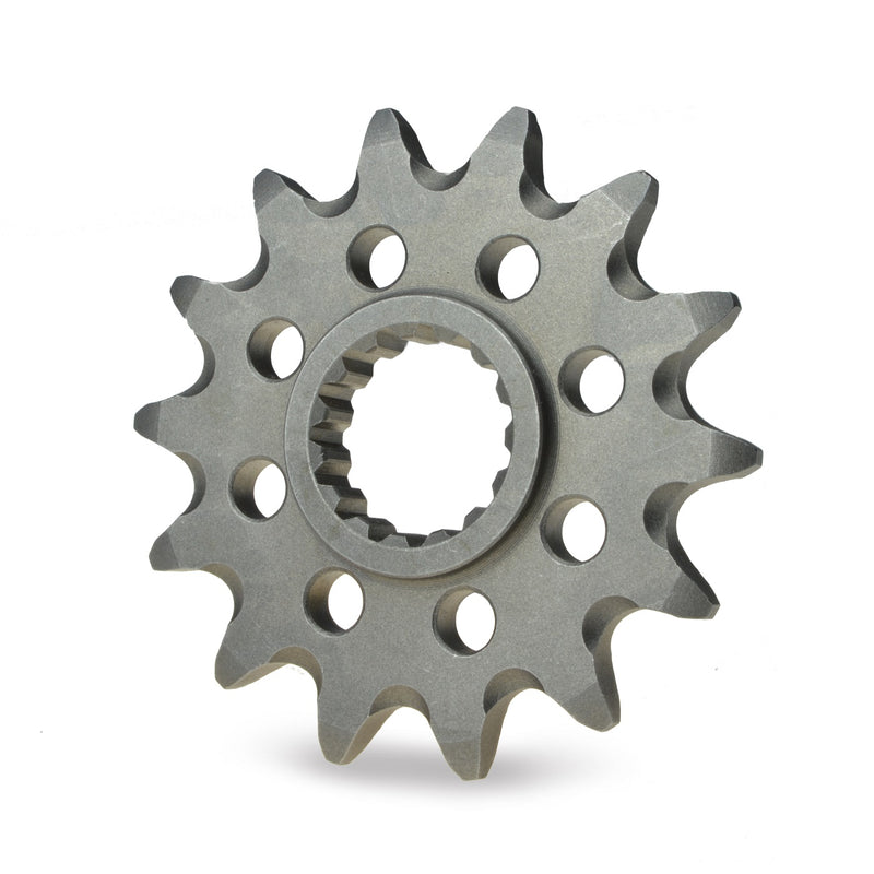 The MOTO MASTER SPROCKET FRONT STEEL 13T for GAS GAS MC65 24-ON, HUSQVARNA TC65 24-ON, and KTM 65SX 24-ON showcases state-of-the-art technology with its approximate 13 evenly spaced teeth. This durable sprocket features numerous circular holes near the center and an internal spline mechanism, all highlighted against a plain white background.