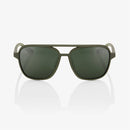 The Kasia Soft Tact Army Green sunglasses by Crown Kiwi Enterprises Limited feature dark lenses and sleek square frames with metallic temple accents. They offer UV protection and ultra-lightweight comfort, photographed on a white background.