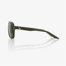 The Kasia Soft Tact Army Green sunglasses by Crown Kiwi Enterprises Limited feature dark lenses and sleek square frames with metallic temple accents. They offer UV protection and ultra-lightweight comfort, photographed on a white background.